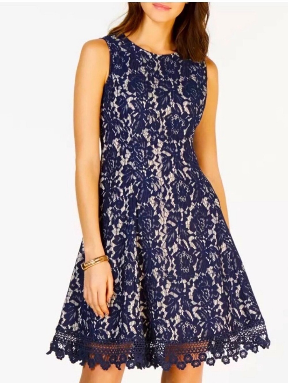 Donna Ricco Navy Blue Floral Lace Overlay A-Line Dress Size 16 NWT / Like New